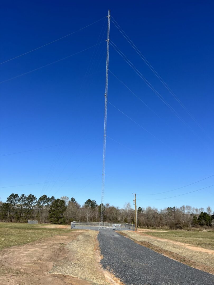 A long view of the tower connected with wires