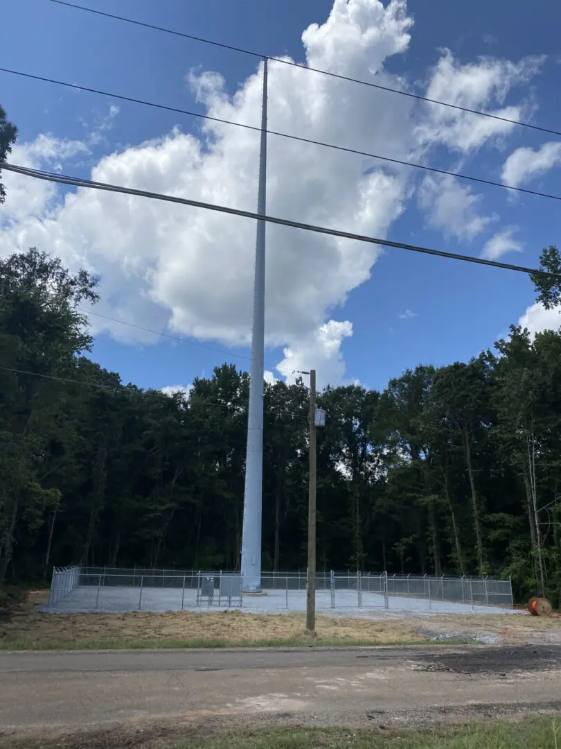 A long shot of the tower and the wires